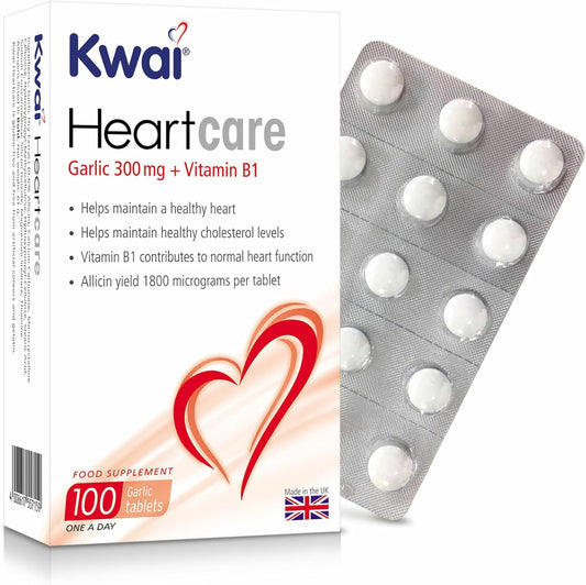 Kwai Heartcare | 100 Tablets | Garlic Capsules odourless high Strength Plus Vitamin B1 I Helps Maintain Healthy Cholesterol Levels and Healthy Heart | 300mg of standardised Garlic per Tablet.