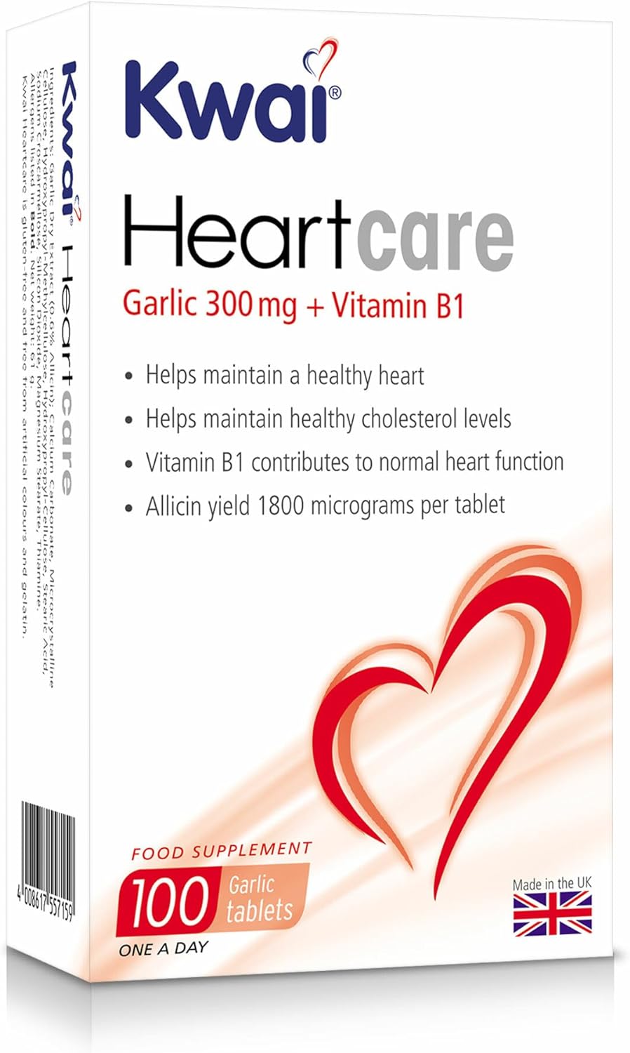 Kwai Heartcare | 100 Tablets | Garlic Capsules odourless high Strength Plus Vitamin B1 I Helps Maintain Healthy Cholesterol Levels and Healthy Heart | 300mg of standardised Garlic per Tablet.