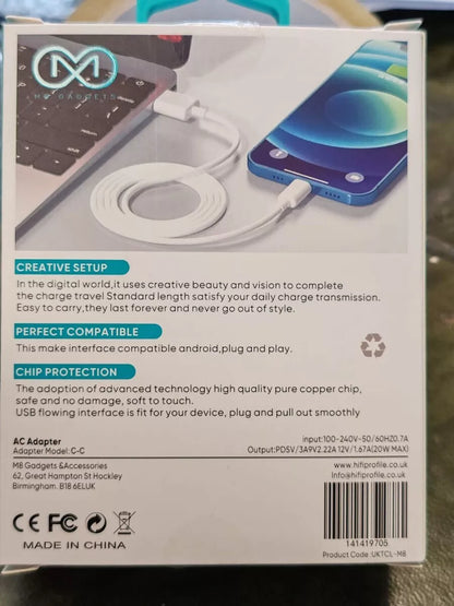 M8 Gadgets iphone USB Cable Efficient Transfer Quick Charge 20W – 120cm. | C-C