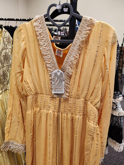 Vintage Style Soft Yellow Fringed Midi Dress with Metallic Stripes One size