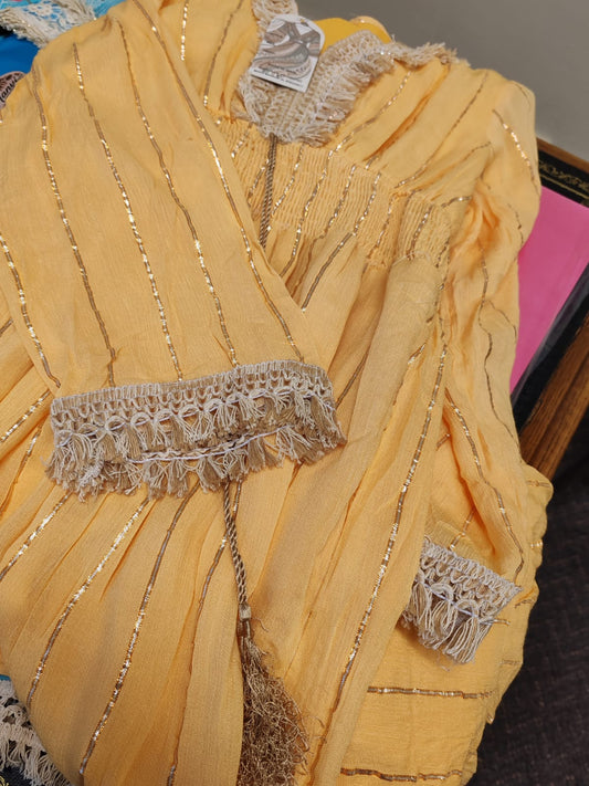 Vintage Style Soft Yellow Fringed Midi Dress with Metallic Stripes One size