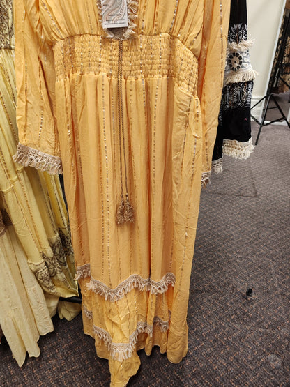 Vintage Style Soft Yellow Fringed Midi Dress with Metallic Stripes One size