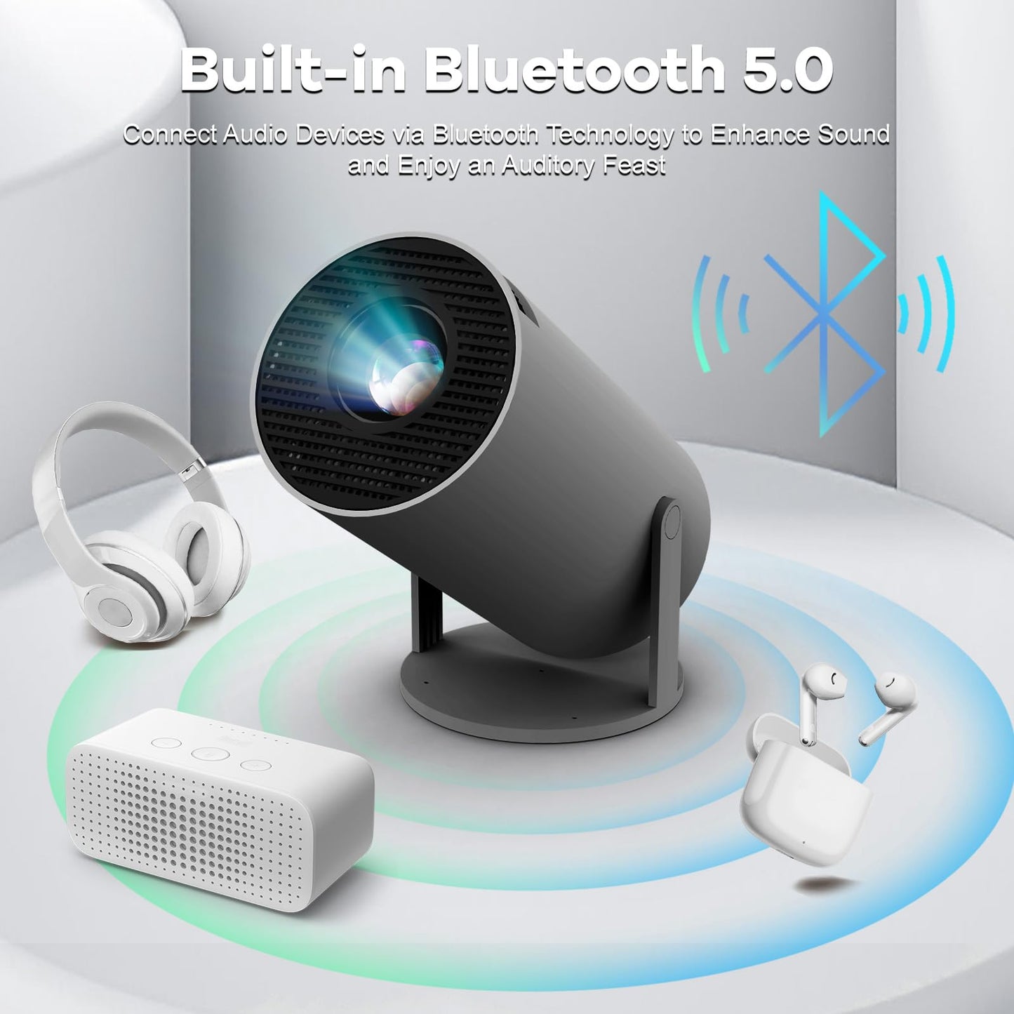 Mini Projector with WIFI 6 and Bluetooth, 4K 1080P Support Portable Projector 180° Rotatable 130'' Screen Movie Projector Auto Keystone Compatible for Laptop, PC, Smartphone