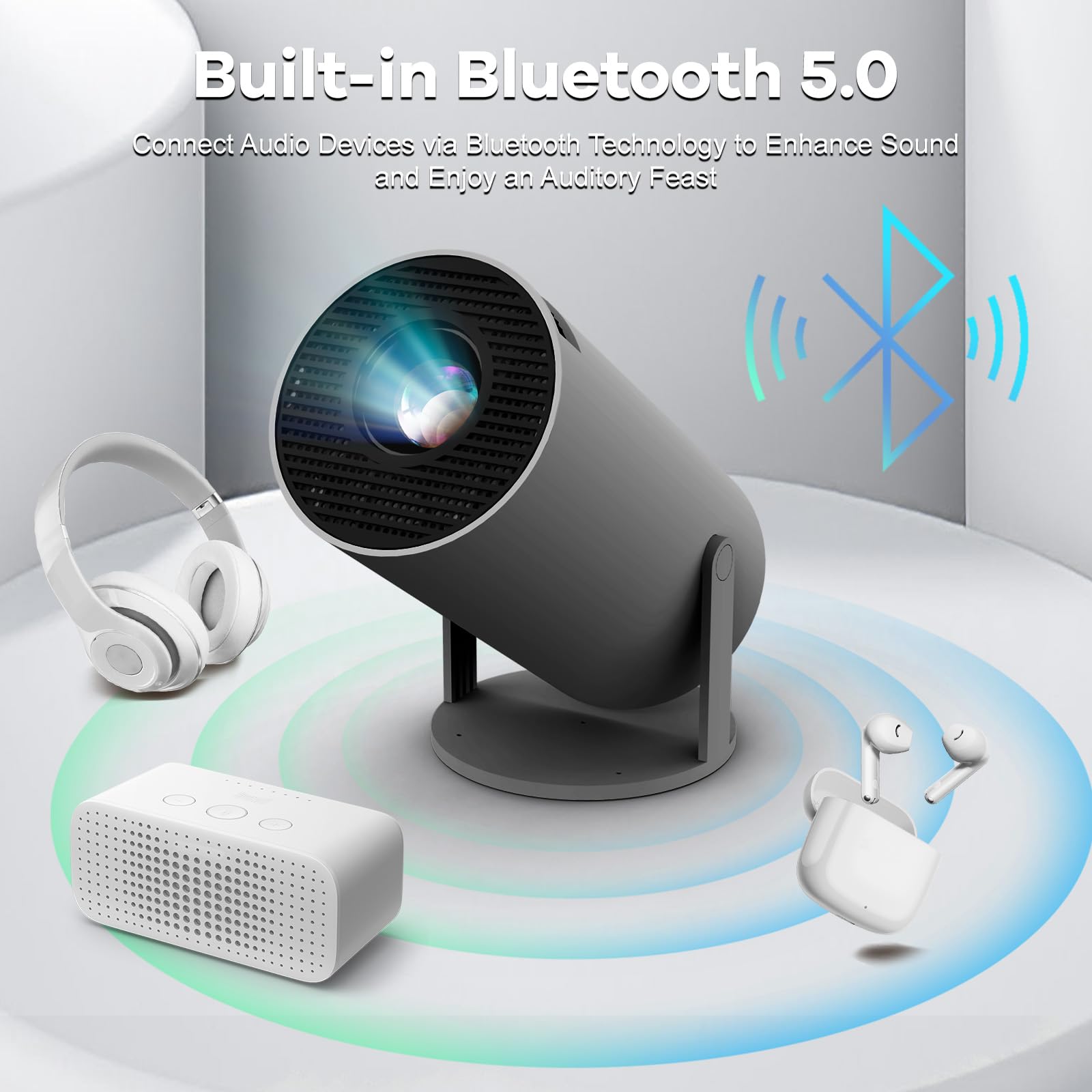 Mini Projector with WIFI 6 and Bluetooth, 4K 1080P Support Portable Projector 180° Rotatable 130'' Screen Movie Projector Auto Keystone Compatible for Laptop, PC, Smartphone