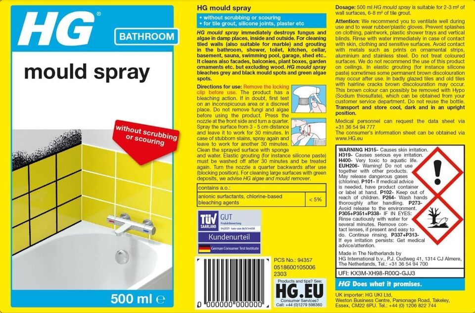 HG Mould Spray, Effective Removes Mouldy Stains rom Walls, Tiles, Silicone Seals