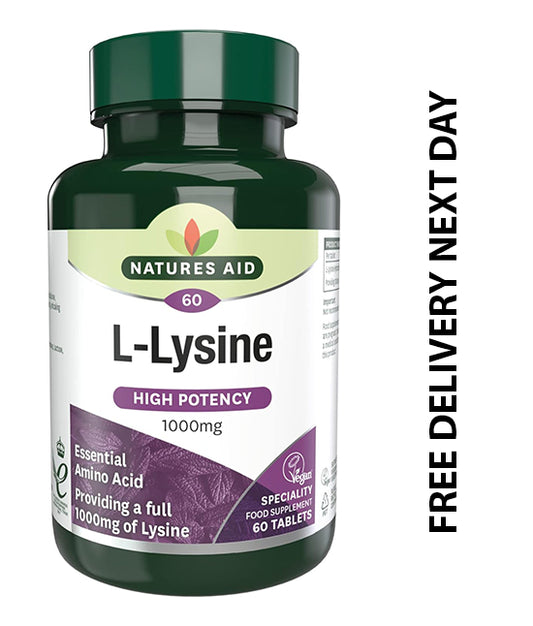 Natures Aid L-Lysine 1000 mg, High Potency Essential Amino Acid, Vegan, 60 Tablets
