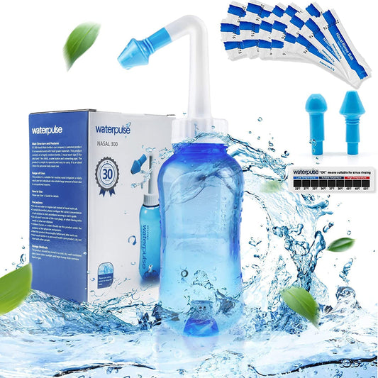Neti Pot, Sinus Rinse Bottle 300ml, Nose Cleaner, Nasal Irrigation System with 30 Nasal Wash Salt Packets and Sticker Thermometer for Adult & Kid BPA Free