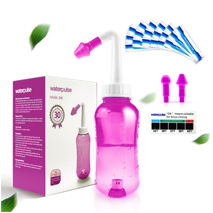 Neti Pot, Sinus Rinse Bottle 300ml, Nose Cleaner, Nasal Irrigation System with 30 Nasal Wash Salt Packets and Sticker Thermometer for Adult & Kid BPA Free