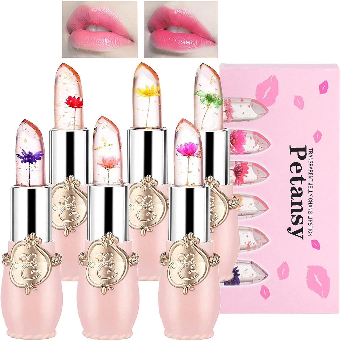 Petansy 6 Pack Crystal Jelly Flower Lipstick Lip Balm Long Lasting Moisturizer Lip Gloss Magic Color Change Lip Stick Set (B)