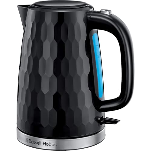 Russell Hobbs Honeycomb Electric 1.7L Cordless Kettle (Fast Boil 3KW, Black premium plastic, matt & high gloss finish, Removable washable anti-scale filter, Push button