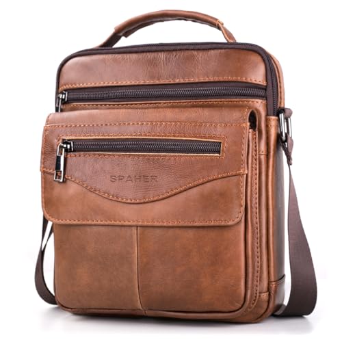 SPAHER Men Leather Handbags Shoulder Bags Messenger Business Crossbody Satchel Sling Waterproof Travel Bag Daily Man Gift with Adjustable Shoulder Strap