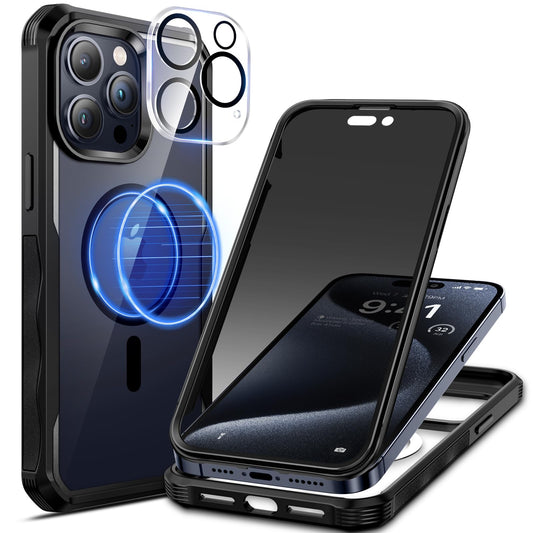Seacosmo Magnetic iPhone 15 Pro Max Case with Privacy Screen Protector and Camera Lens Protector, Full Body Shockproof Protective Phone Case Compatible with MagSafe for iPhone 15 Pro Max - Black