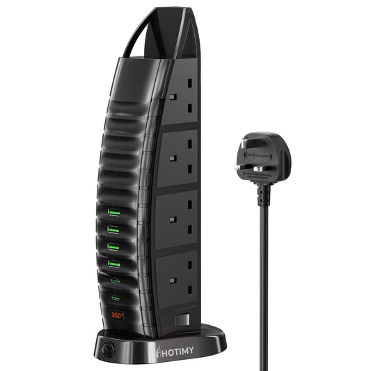 Tower Extension Lead with USB Slots 2M, 8 Way Outlets Multi Plug Extension Tower with 6 USB Overload Protection Extension Cord with 2 Independent Switches
