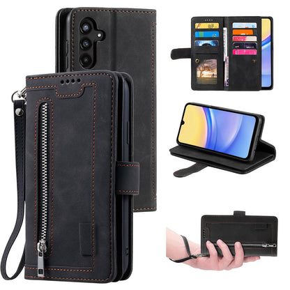UEEBAI Wallet Case for Samsung Galaxy A15 Retro 9 Card Holder Slots Zipper Pocket Handbag Case PU Leather Magnetic Closure Kickstand with Wrist Strap Shockproof Flip Case