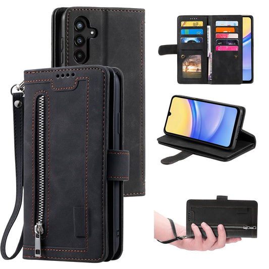 UEEBAI Wallet Case for Samsung Galaxy A15 Retro 9 Card Holder Slots Zipper Pocket Handbag Case PU Leather Magnetic Closure Kickstand with Wrist Strap Shockproof Flip Case