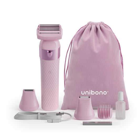 Unibono Lady Shaver Trimmer Kit, Cordless Electric Razor for Women Body Hair Removal, Rechargeable Bikini Trimmer for Arms, Pubic, Legs, Wet & Dry Painless Dual Foil Shave with LED Light