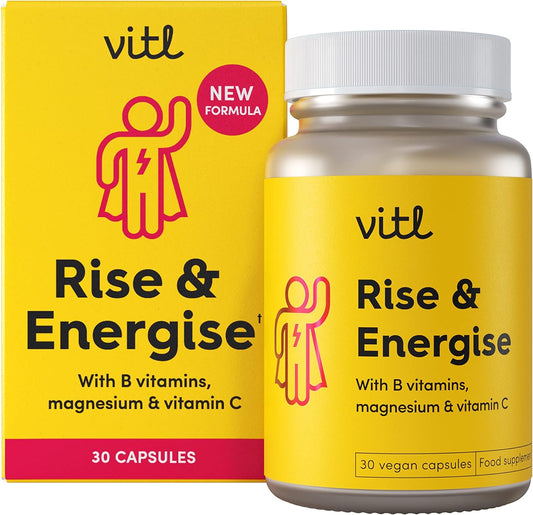 Vitl Rise & Energise Energy Boosting Supplement - 30 Vegan Capsules - with B Vitamins, Vitamin C & Korean Ginseng - Tiredness & Fatigue Fighting Minerals to Normalise Energy Metabolism