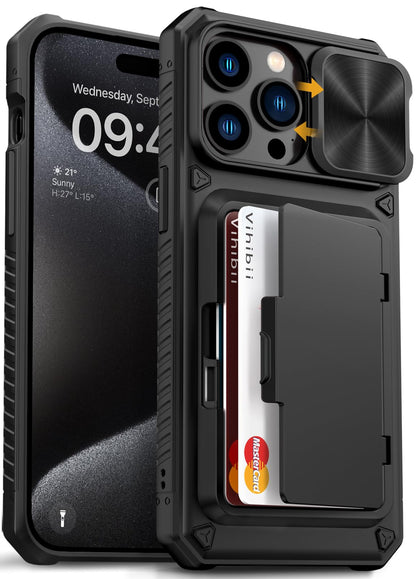 Vihibii for iPhone 15 Pro Max Case with Card Holder & Slide Camera Cover & Kickstand, Military Grade Drop Protection, Rugged Hard Back & Silicone Edge Wallet Phone Case