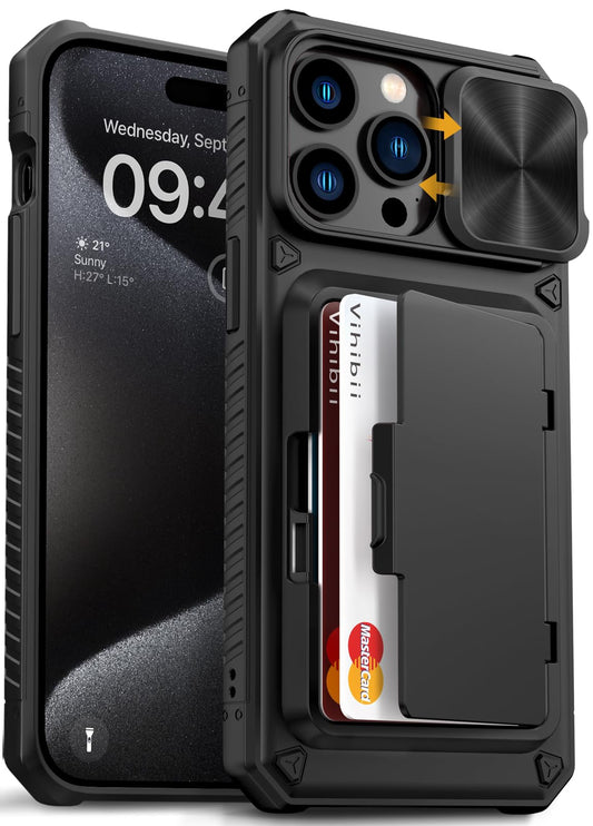 Vihibii for iPhone 15 Pro Max Case with Card Holder & Slide Camera Cover & Kickstand, Military Grade Drop Protection, Rugged Hard Back & Silicone Edge Wallet Phone Case