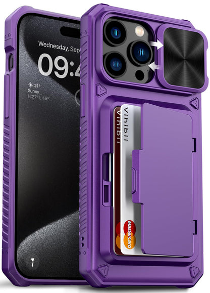 Vihibii for iPhone 15 Pro Max Case with Card Holder & Slide Camera Cover & Kickstand, Military Grade Drop Protection, Rugged Hard Back & Silicone Edge Wallet Phone Case