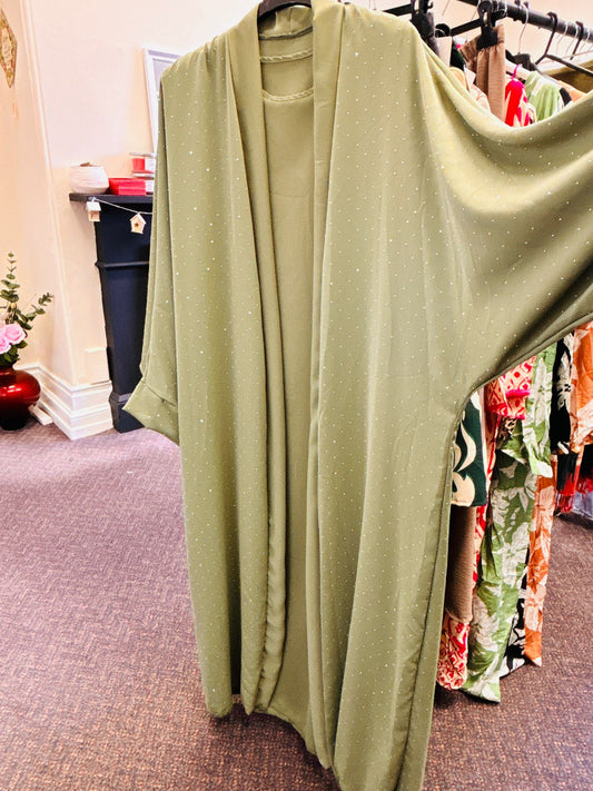 New Women Fashion Elegant Olive Green Embellished Abaya Set Dress Sequence Work With Pant Pocket