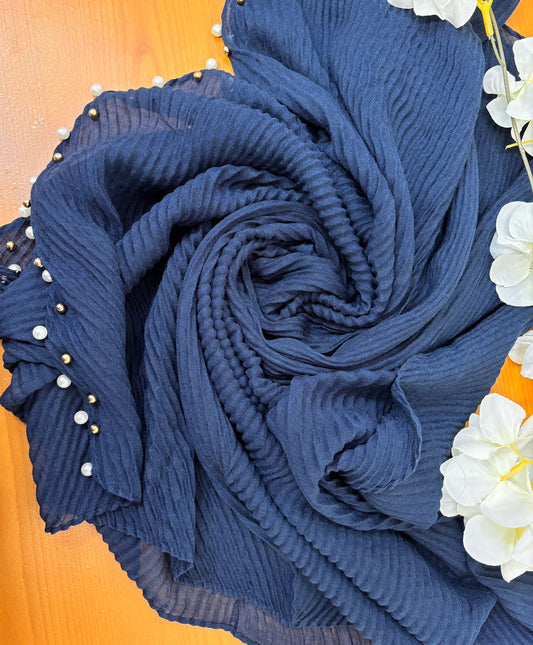 Premium Royal Blue Super Soft Crêpe Cotton Hijab with Pearl Detailing – Navy Blue