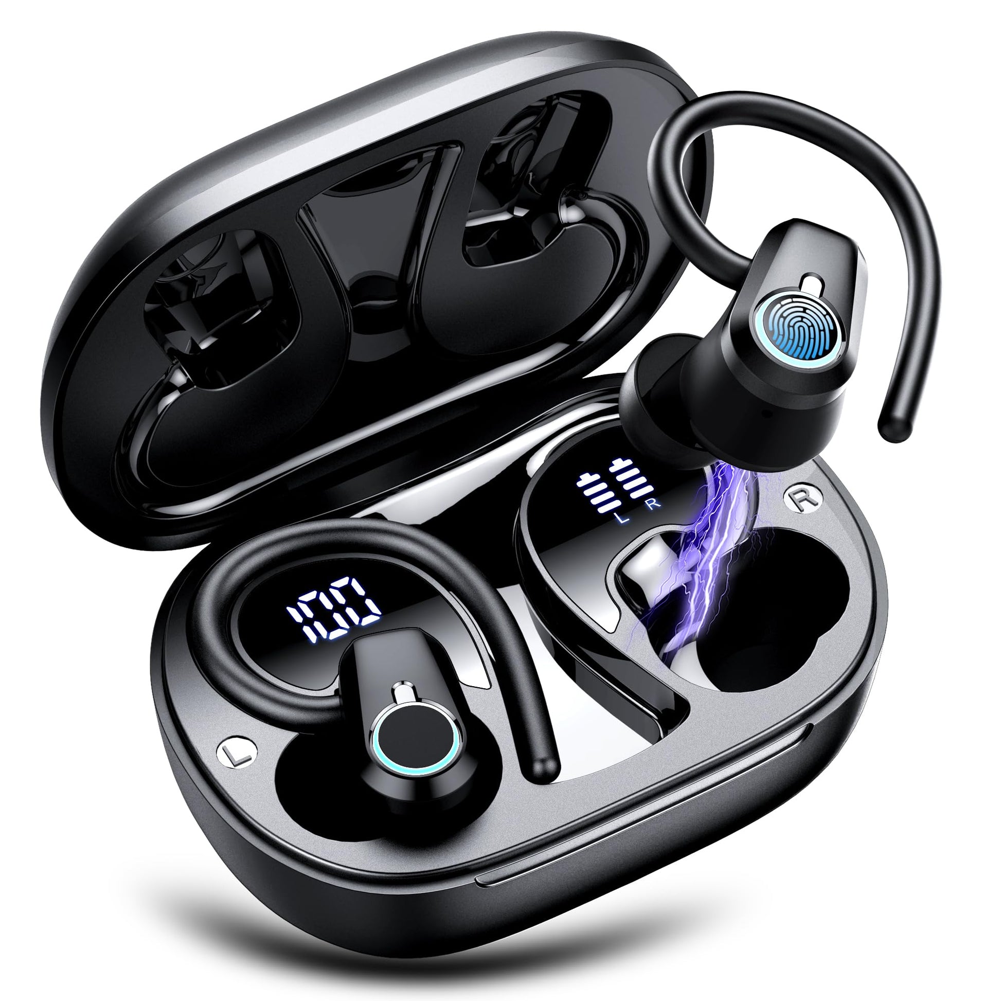 Wireless Earbuds, 2023 Earphones Bluetooth 5.3 Headphones Wireless, Earbuds with Earhooks,Waterproof Stereo Headphones Sport, Dual LED Display, Black