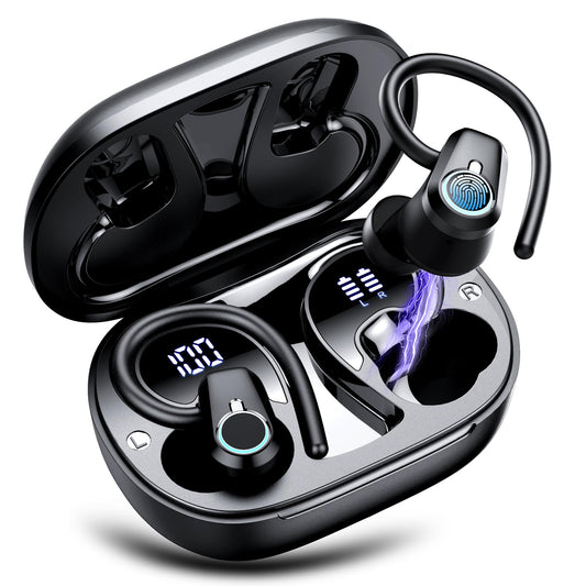 Wireless Earbuds, 2023 Earphones Bluetooth 5.3 Headphones Wireless, Earbuds with Earhooks,Waterproof Stereo Headphones Sport, Dual LED Display, Black