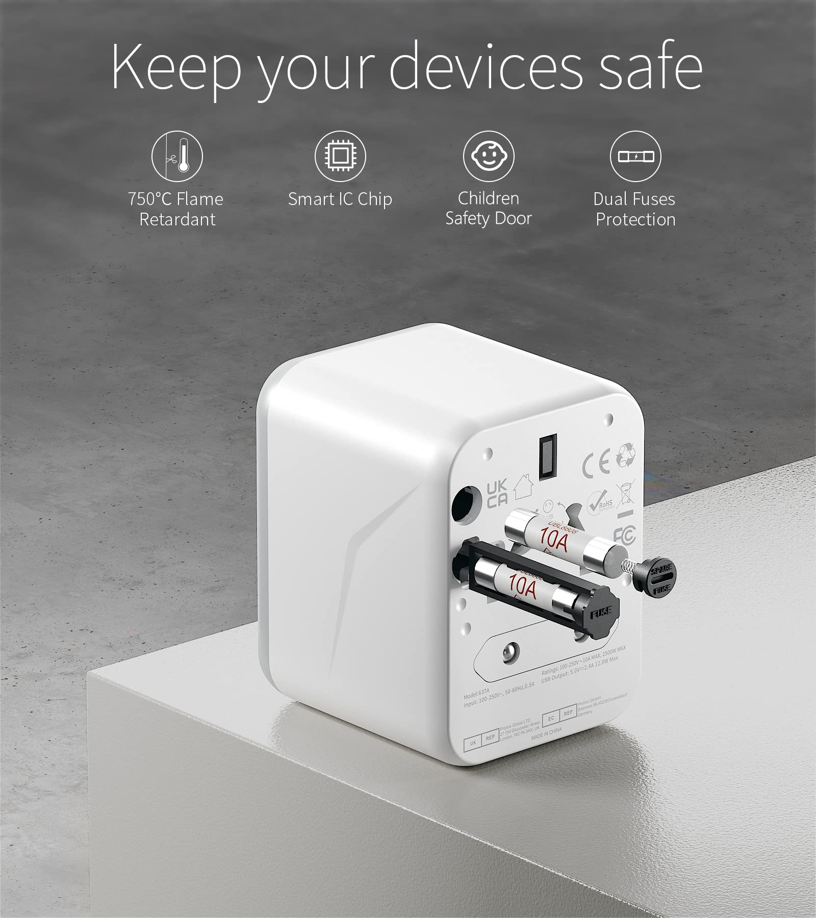 Worldwide Travel Plug Adapter, FSTravelP Universal with 2 USB International AC Socket Dual 10A Fuses, All In One Adapter for USA UK EU AU CN 150+ Countries
