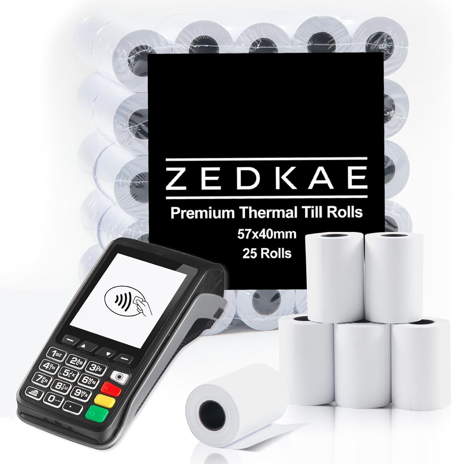 ZEDKAE 57 x 40mm Thermal Till Rolls for PDQ Credit Card Machines | Card Receipt Paper Rolls (Pack of 25)