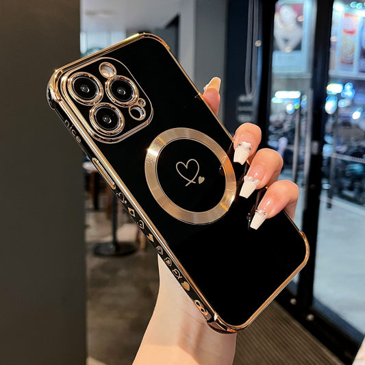 ZTOFERA Magnetic Case for iPhone 15 Pro Compatible with MagSafe, Flexible Soft Silicone Protective Phone with Cute Love Heart Pattern Golden Rim Shockproof Bumper Cover