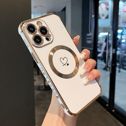 ZTOFERA Magnetic Case for iPhone 15 Pro Compatible with MagSafe, Flexible Soft Silicone Protective Phone with Cute Love Heart Pattern Golden Rim Shockproof Bumper Cover