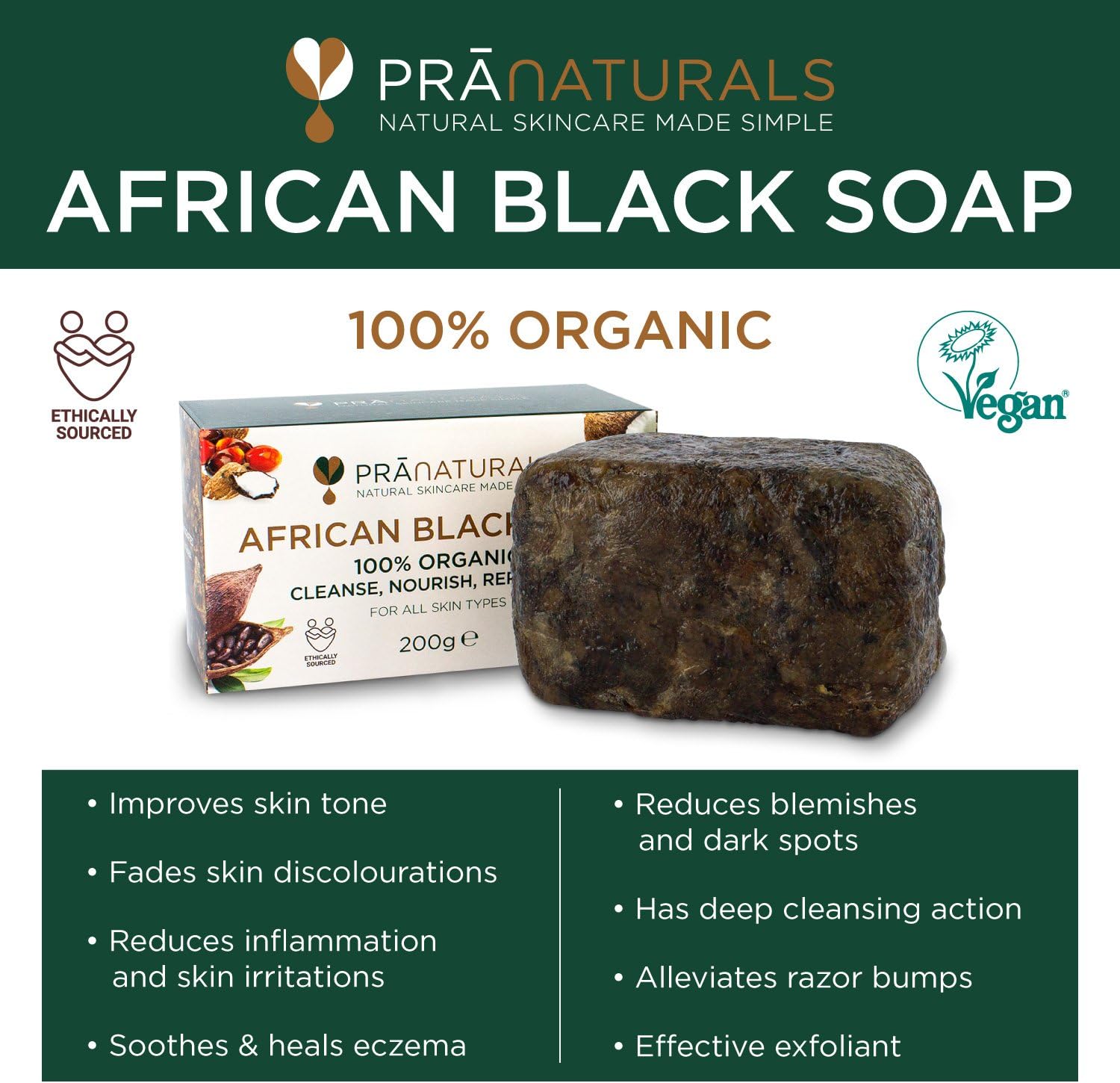 Organic Raw African Black Soap 200G, Ethically Sourced Hand Pranaturals 100%