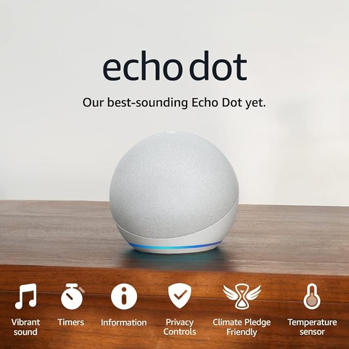 Echo Dot (Newest gen) | Big vibrant sound Wi-Fi and Bluetooth smart speaker with Alexa | Glacier White