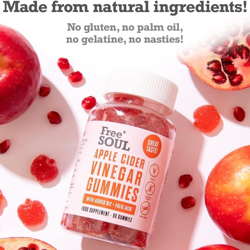 Apple Cider Vinegar Gummies with The Mother 1000mg Enhanced with Vitamin B12 & Folic Acid | 60 High Strength ACV Vegan Capsules with Pomegranate & Beetroot Powder | Natural Ingredients.