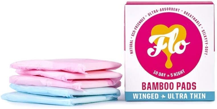 Bamboo Sanitary Period Pads Wings FLO Organic 100 Percent Organic Soft Silky Ultra-Absorbent & Biodegradable Period Pads - Ultra-Thin - Combo Pack 10 Day & 5 Night Pads.