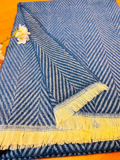Classic Indigo Blue &amp; White Herringbone Scarf/Shawl | Soft Wool-Blend Wrap with Fringe