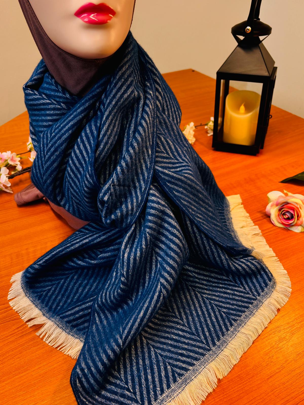 Classic Indigo Blue &amp; White Herringbone Scarf/Shawl | Soft Wool-Blend Wrap with Fringe