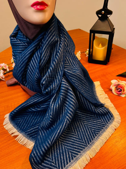 Classic Indigo Blue &amp; White Herringbone Scarf/Shawl | Soft Wool-Blend Wrap with Fringe