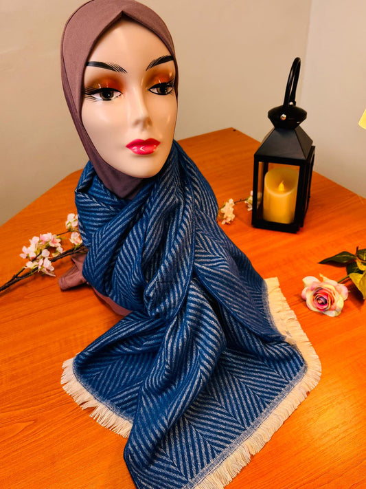 Classic Indigo Blue &amp; White Herringbone Scarf/Shawl | Soft Wool-Blend Wrap with Fringe