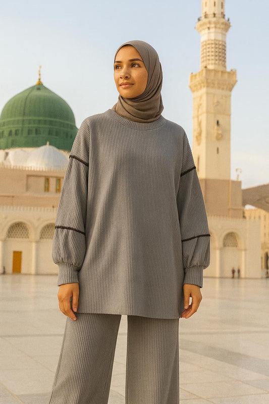 Cozy Knit Two-Piece Modest Set | Scalloped Trim Long Tunic & Pants