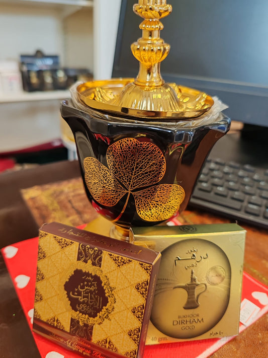 Bukhoor Burner + 2 Free Bukhoor Incense (Shams Al Emarat 40g & Dirham Gold 40g)