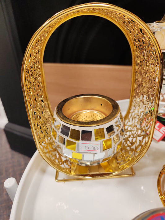Bukhoor Burner Gold Mosaic Glass Tealight Candle Holder with Ornate Frame.