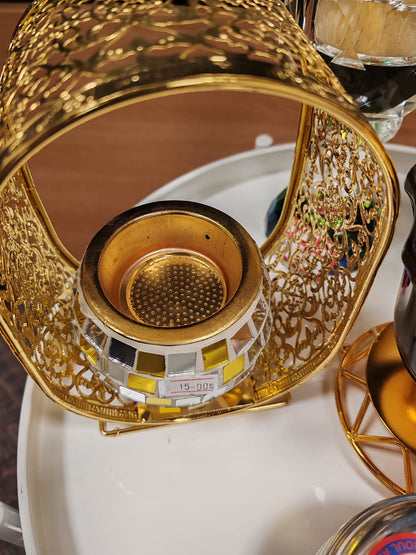 Bukhoor Burner Gold Mosaic Glass Tealight Candle Holder with Ornate Frame.