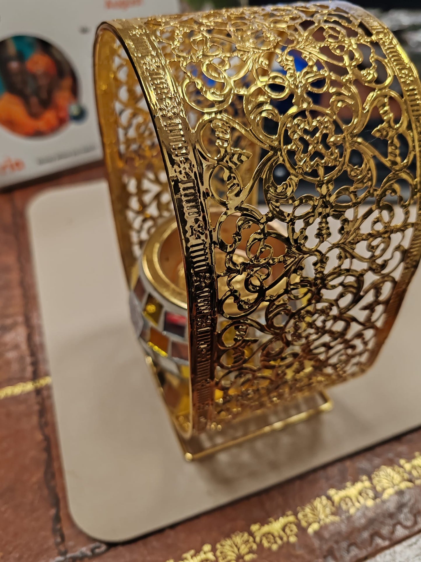 Bukhoor Burner Gold Mosaic Glass Tealight Candle Holder with Ornate Frame.