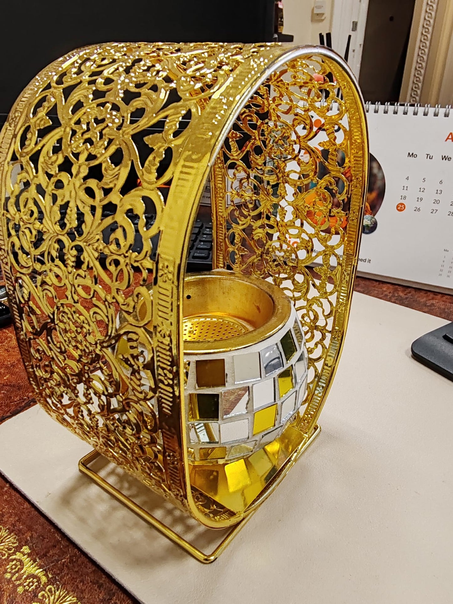 Bukhoor Burner Gold Mosaic Glass Tealight Candle Holder with Ornate Frame.