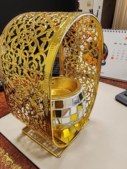 Bukhoor Burner Gold Mosaic Glass Tealight Candle Holder with Ornate Frame.