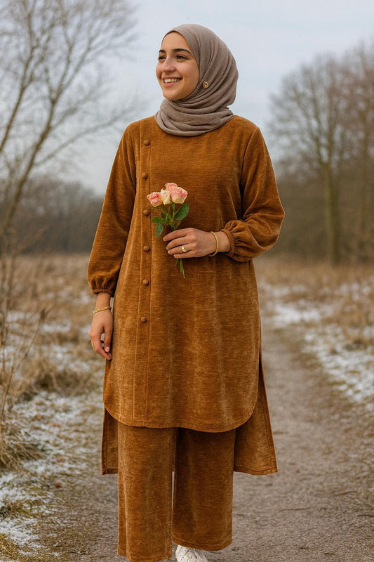 Burnt Orange Modest Two-Piece Set | Side Button Detail Tunic & Wide-Leg Pants