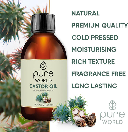 Pure World Natural Castor Oil 250ML Cold,& Freshly Pressed 100% Pure Nourish Skin Hair Eyebrows, Nails, Beard, Hair, Eyelash Growth.