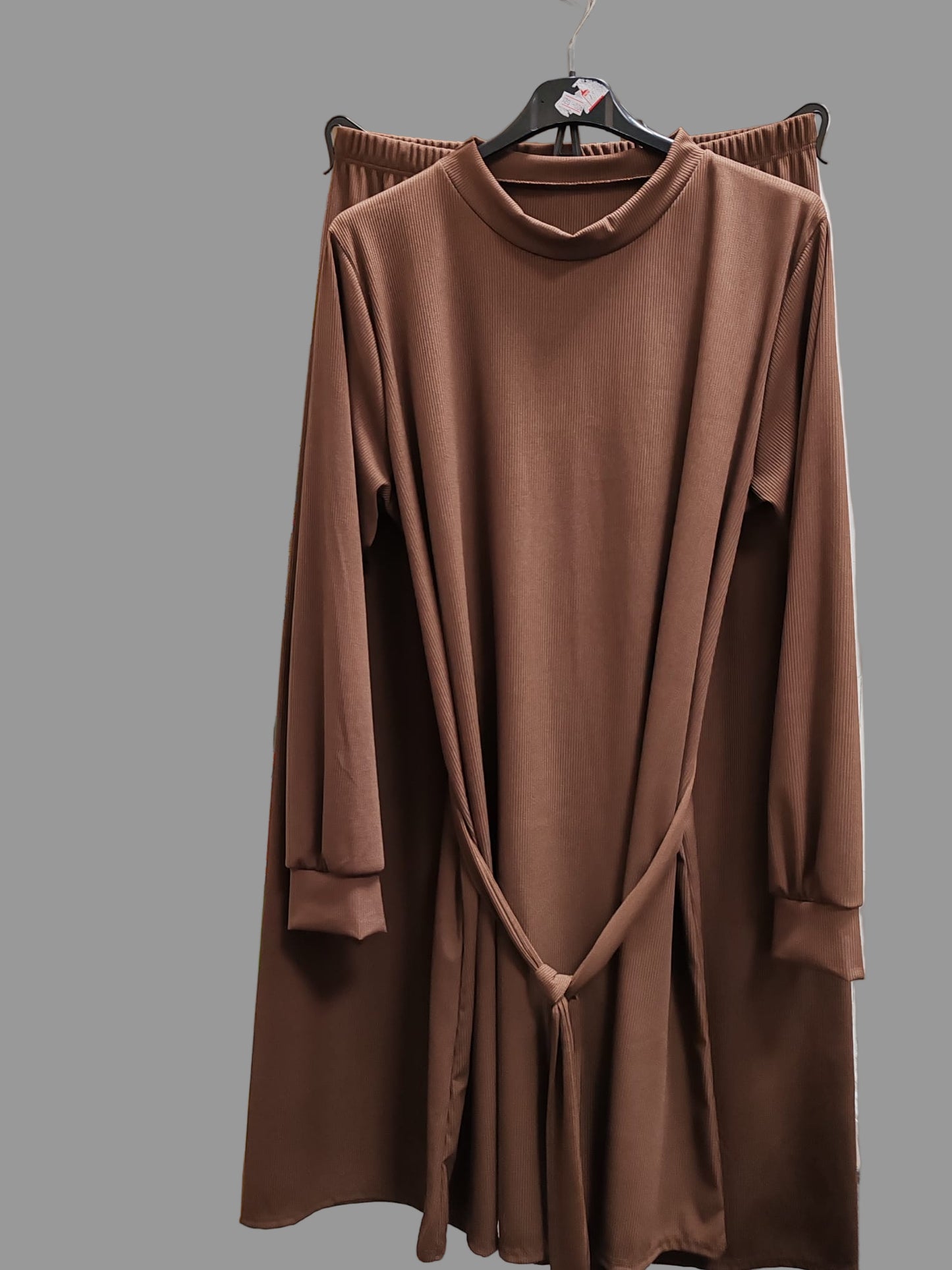 Modest Brown Ribbed Co-ord Set | Tunic Top &amp; Wide-Leg Trousers | Elegant Lounge Wear